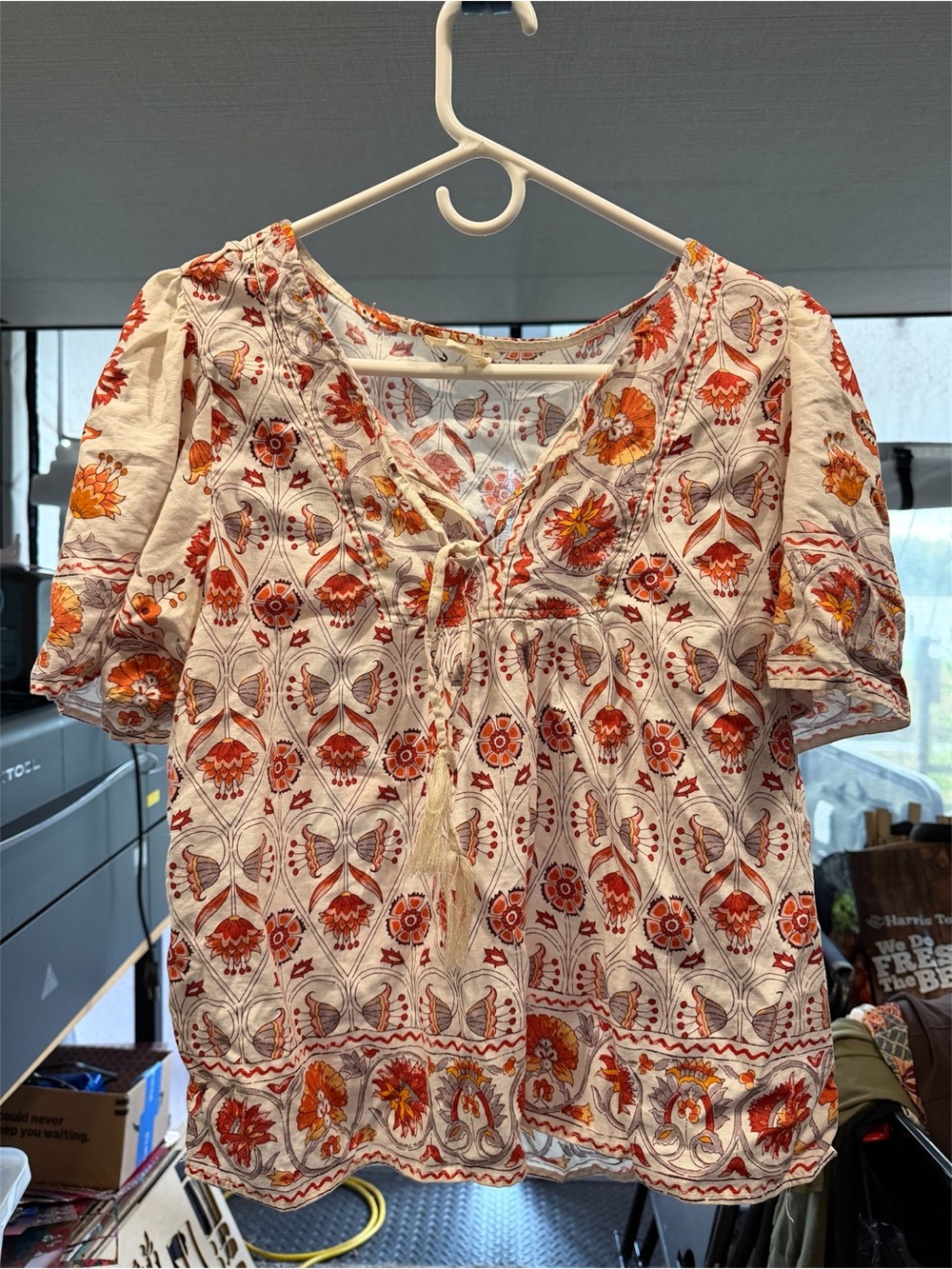 Atelier Nicole Miller XL Boho Floral Linen Blend Tie-Front Blouse